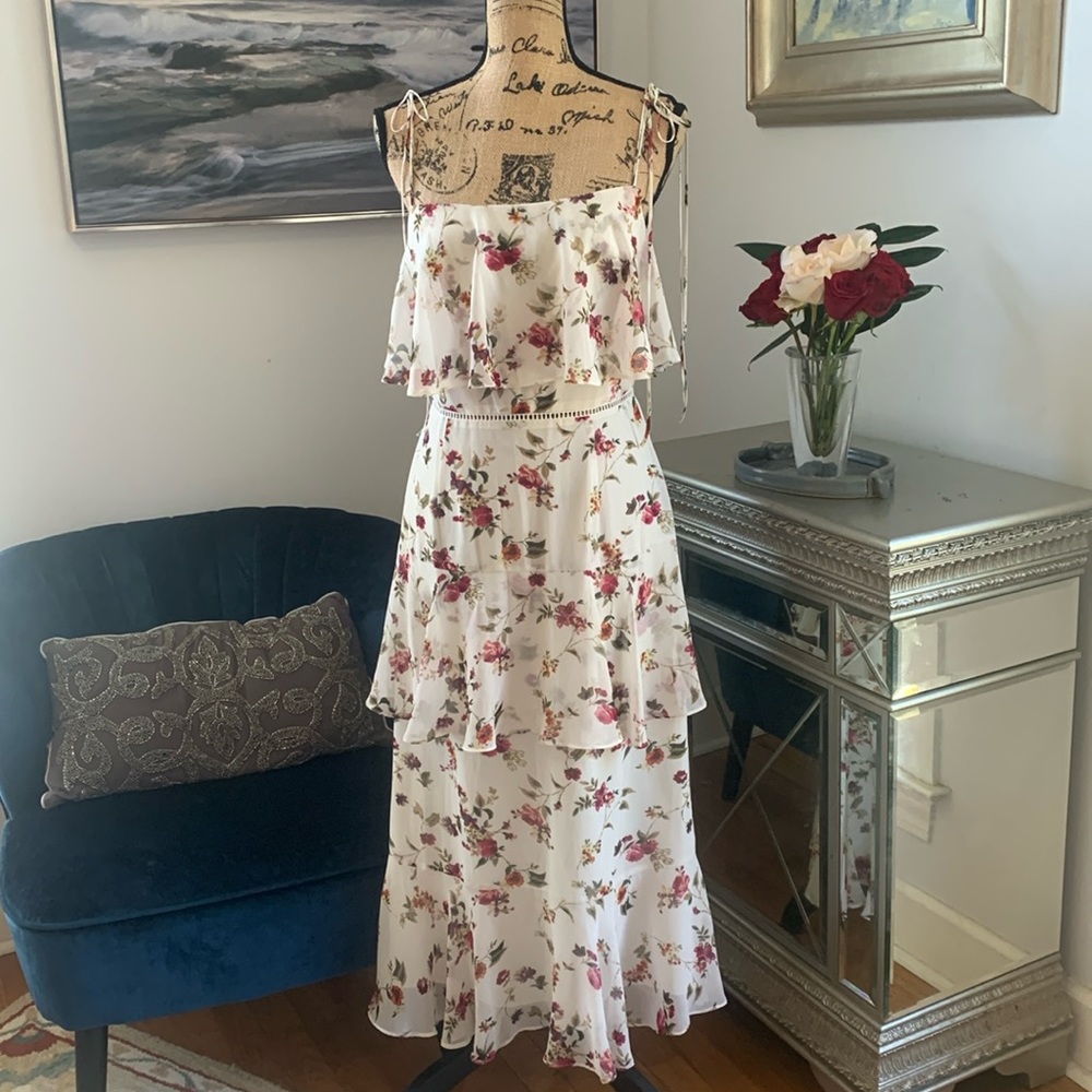 WAYF Floral floral ruffle coquette maxi spring designer dress m 6 8 ivory red